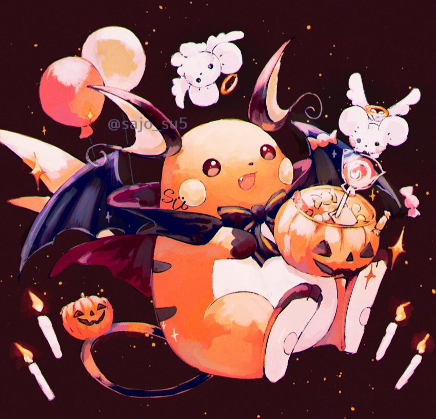 angel_wings balloon bat_wings brown_eyes candle candy candy_wrapper creatures_(company) fang fire food game_freak gen_1_pokemon halloween halloween_bucket halloween_costume halo highres lollipop nintendo open_mouth pokemon pokemon_(creature) raichu simple_background su_(sajo_su5) tandemaus twitter_username wings