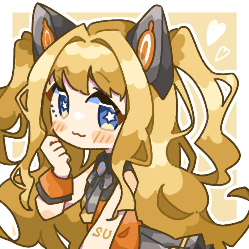 1girl :3 animal_ears blonde_hair blue_eyes blush border bright_pupils cat_ears closed_mouth commentary hand_up heart highres long_hair looking_at_viewer lupin_strawberry mechanical_ears orange_shirt outline outside_border seeu shirt solo star-shaped_pupils star_(symbol) symbol-shaped_pupils two_side_up upper_body vocaloid white_border white_outline white_pupils wrist_cuffs