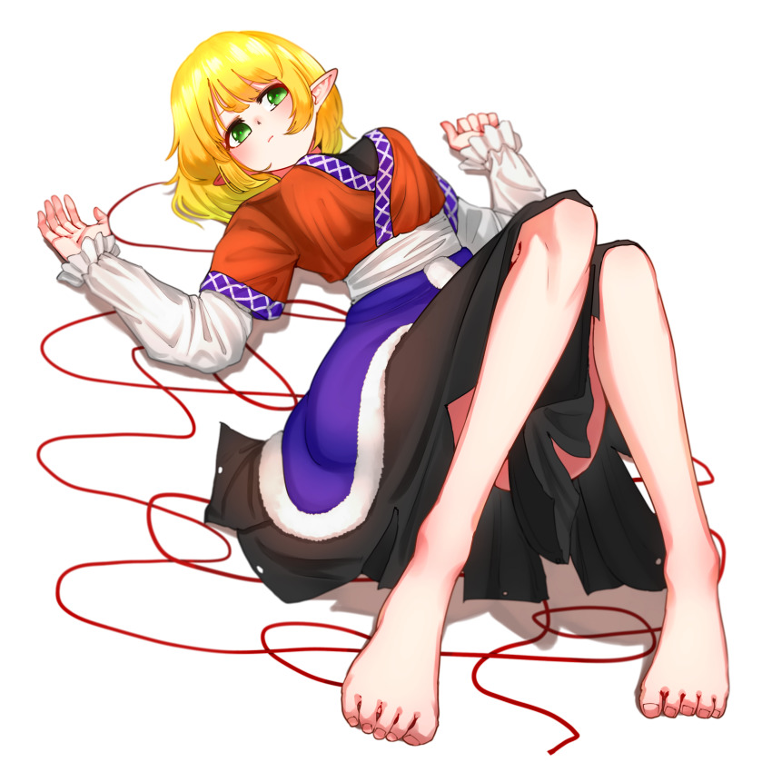 1girl absurdres arm_warmers barefoot black_shirt black_skirt blonde_hair blush breasts brown_jacket closed_mouth commentary_request expressionless full_body green_eyes highres jacket looking_at_viewer lying medium_breasts mizuhashi_parsee multicolored_clothes multicolored_jacket on_back pointy_ears sash shirt short_hair short_sleeves simple_background skirt solo touhou white_background white_sash yokozuna_iwashi