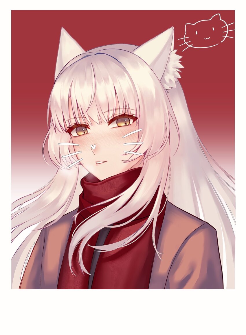 1girl animal_ear_fluff animal_ears aqing_1229 blush border brown_coat cat_ears cat_girl coat commentary_request drawn_whiskers eyelashes gradient_background highres korean_commentary long_hair looking_at_viewer m_(xenoblade) red_background red_scarf scarf simple_background smile solo white_border white_hair xenoblade_chronicles_(series) xenoblade_chronicles_3 yellow_eyes