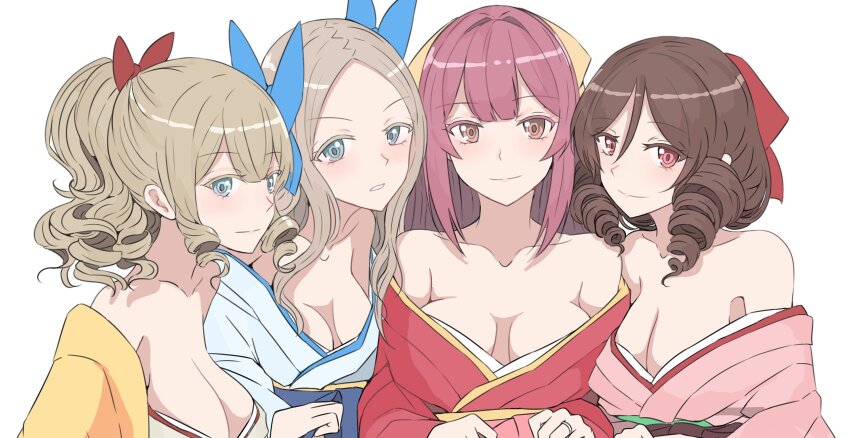 4girls asakaze_(kancolle) blue_eyes blush breasts brown_hair cleavage closed_mouth collarbone drill_hair hair_ornament harukaze_(kancolle) hatakaze_(kancolle) highres kamikaze_(kancolle) kantai_collection ken_(shutenndouji1) looking_at_viewer medium_breasts multiple_girls portrait purple_eyes ribbon smile white_background