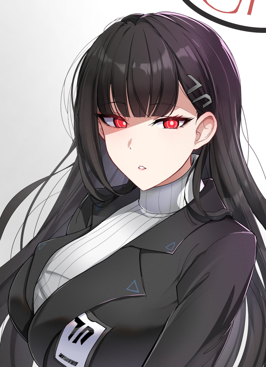 1girl absurdres black_hair black_halo black_suit blue_archive blunt_bangs breasts bright_pupils commentary dot_nose english_commentary formal_clothes gradient_background hair_ornament hairclip halo highres id_card large_breasts lips long_hair looking_at_viewer midori_(user_nsaz3272) red_eyes rio_(blue_archive) solo suit sweater teeth turtleneck turtleneck_sweater white_sweater