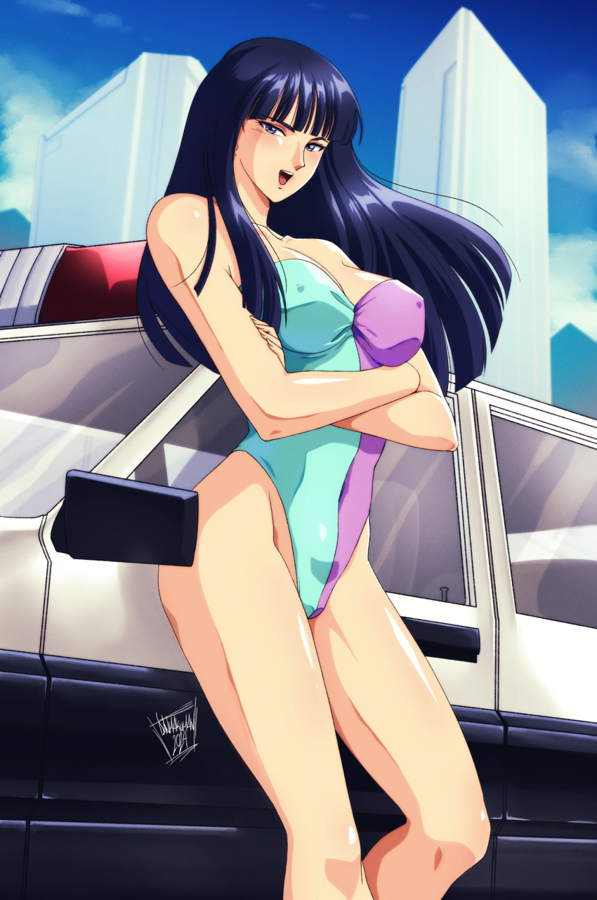 1girl bikini blue_eyes breasts car cleavage collarbone commentary_request covered_erect_nipples crossed_arms danmakuman day highres kanuka_clancy kidou_keisatsu_patlabor leaning_back medium_breasts motor_vehicle multicolored_bikini multicolored_clothes one-piece_swimsuit open_mouth police police_car smile solo standing swimsuit two-tone_bikini