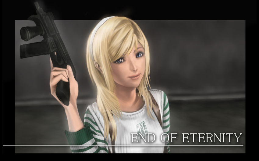 1girl blonde_hair copyright_name end_of_eternity female_focus gun h&amp;k_mp5k hairband heckler_&amp;_koch highres long_hair reanbell smile solo submachine_gun upper_body weapon white_hairband