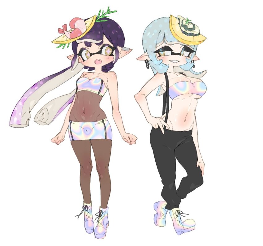 2girls baggy_pants bare_shoulders black_pants black_pantyhose breasts callie_(splatoon) earrings fang food fruit grey_hair groin hand_on_own_hip high-waist_pantyhose inkling jewelry junco large_breasts lemon lemon_slice long_hair marie_(splatoon) medium_breasts miniskirt mole mole_under_eye multiple_girls nintendo official_alternate_costume open_mouth oyster pants pantyhose pencil_skirt pointy_ears purple_hair shoes short_hair shrimp skirt splatoon_(series) splatoon_3 strapless suspenders tentacle_hair tooth tube_top white_footwear yellow_eyes zipper