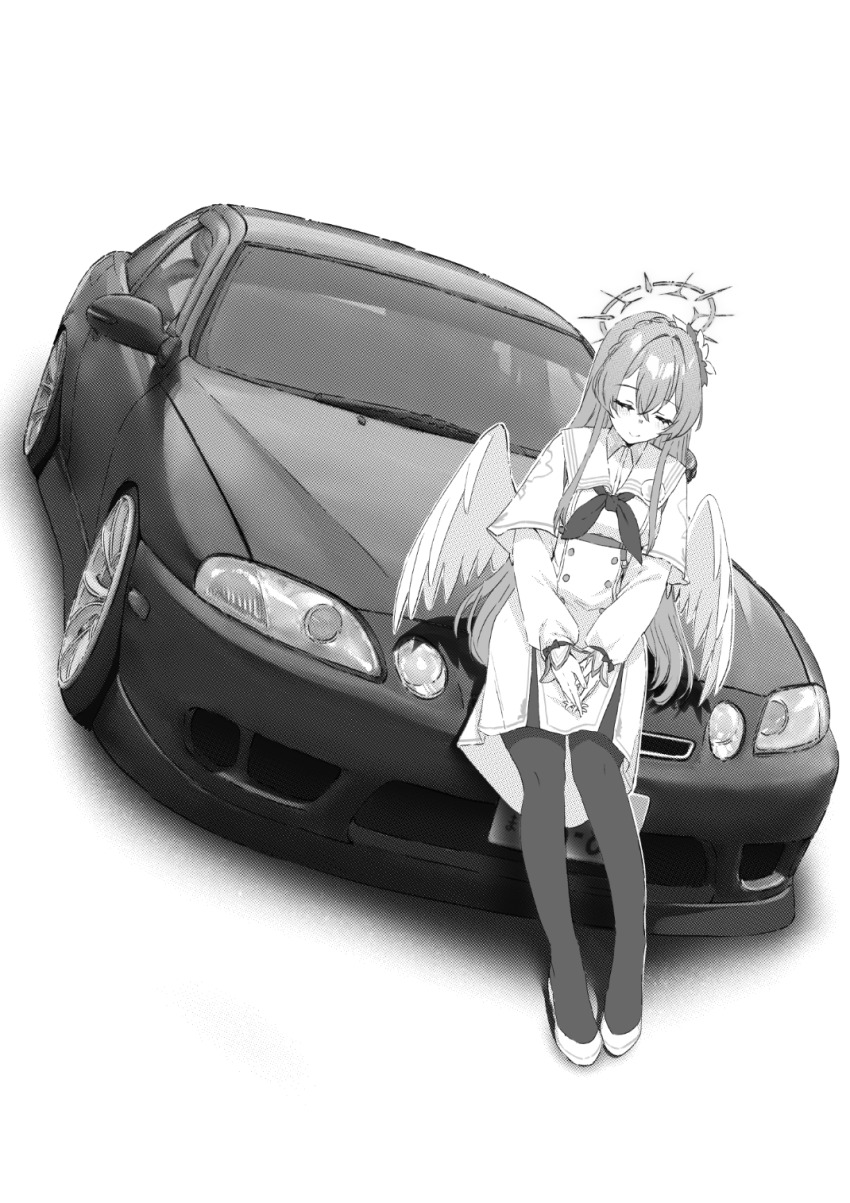 1girl black_pantyhose blue_archive braid car closed_eyes dress feathered_wings hair_between_eyes highres jun_project long_hair motor_vehicle nagisa_(blue_archive) own_hands_together pantyhose ribbon sailor_collar sitting smile white_dress white_footwear wings