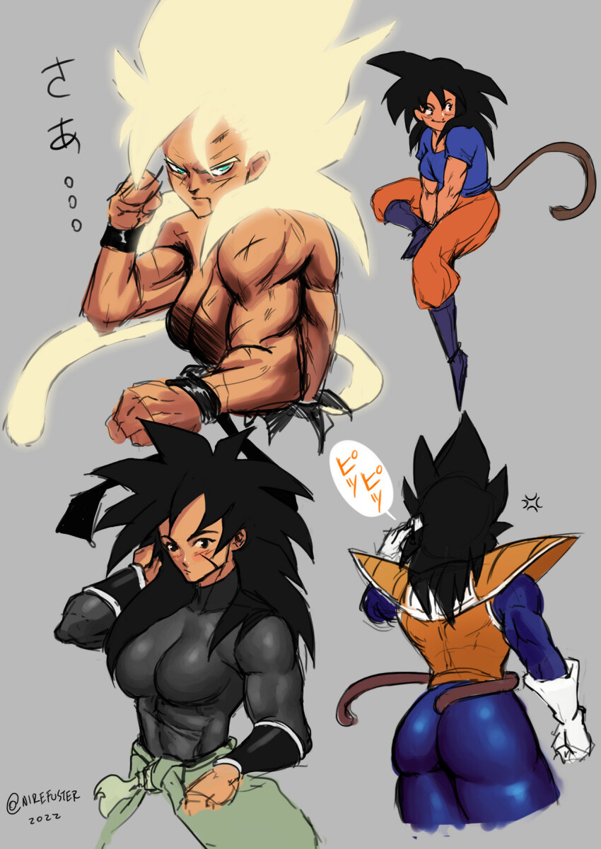 3girls anger_vein aqua_eyes armor ass black_eyes black_hair black_shirt blonde_hair blue_bodysuit blue_shirt blush bodysuit bracer breasts broly_(dragon_ball_super) commentary cropped_legs cropped_torso deviantart_username dragon_ball dragon_ball_super dragonball_z english_commentary facing_viewer from_behind full_body genderswap gloves grey_background highres instagram_username long_hair medium_breasts monkey_tail multiple_girls multiple_views muscular muscular_female nire_(nirefuster) orange_pants pants saiyan saiyan_armor scar scar_on_face shirt shoulder_armor sketch son_goku spiked_hair super_saiyan tail topless twitter_username upper_body vegeta white_gloves