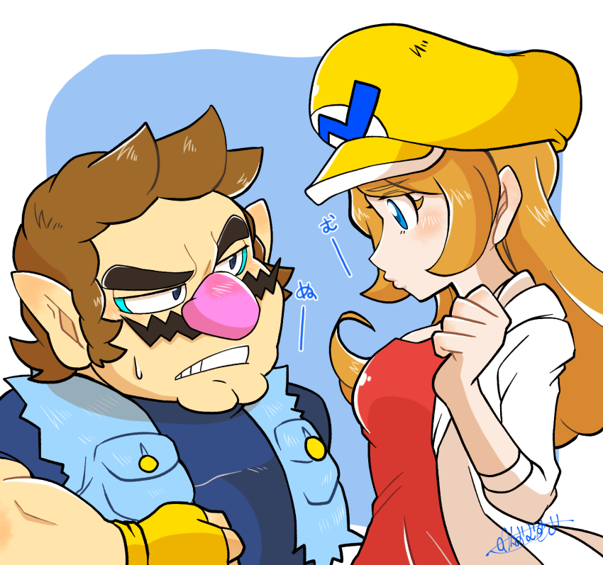 1boy 1girl big_nose blue_eyes blue_jacket blue_shirt brown_hair coat dress facial_hair fingerless_gloves gloves highres jacket long_hair mona_(warioware) mustache nintendo omu_(sinsindan) orange_hair pointy_nose red_dress shirt thick_eyebrows wario warioware white_coat yellow_gloves yellow_headwear