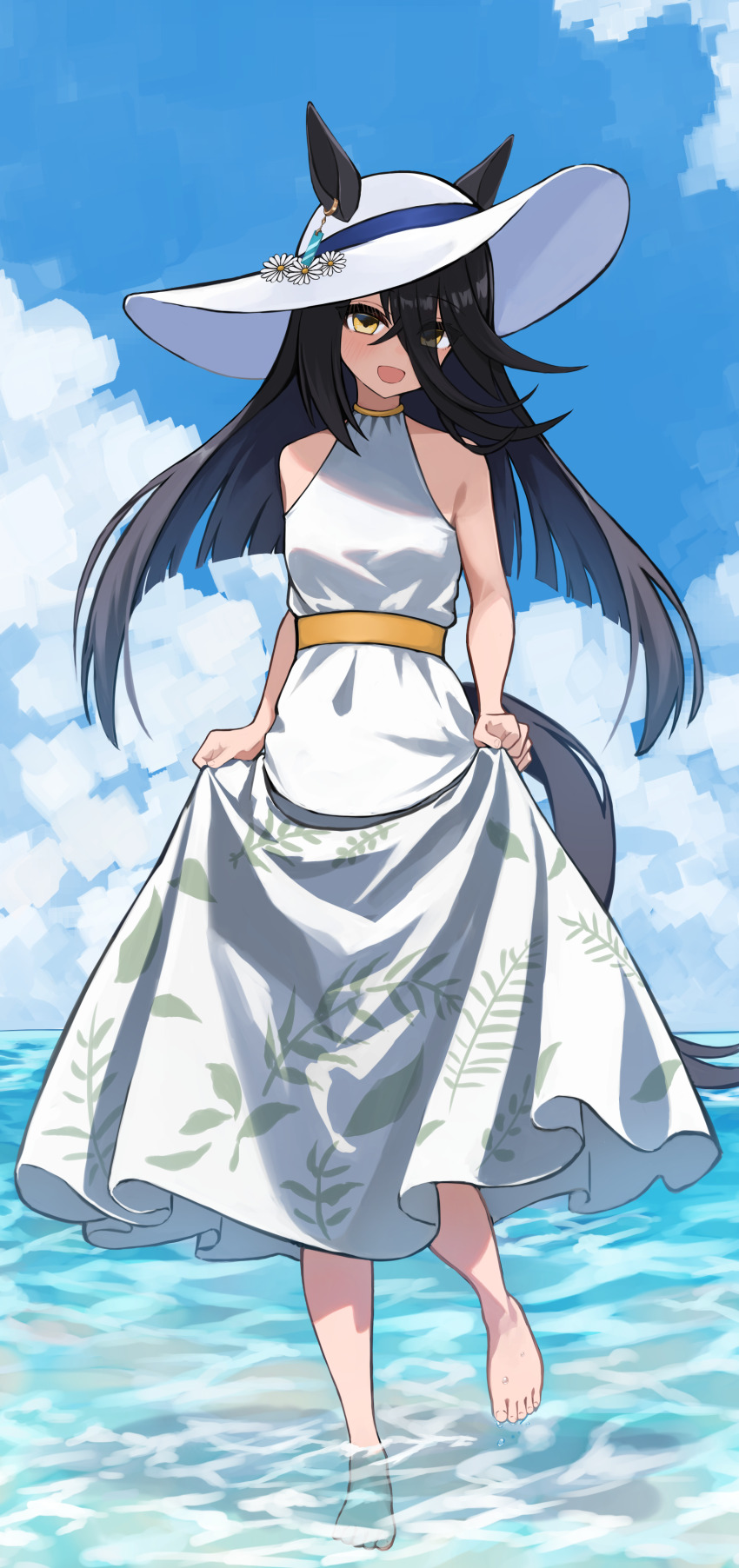 1girl :d absurdres animal_ears black_hair blue_sky cloud day dress hair_between_eyes hat highres horse_ears horse_girl horse_tail kuronosu_(yamada1230) long_hair looking_at_viewer manhattan_cafe_(umamusume) ocean open_mouth outdoors sky smile soaking_feet solo sun_hat tail umamusume water white_dress white_hat yellow_eyes