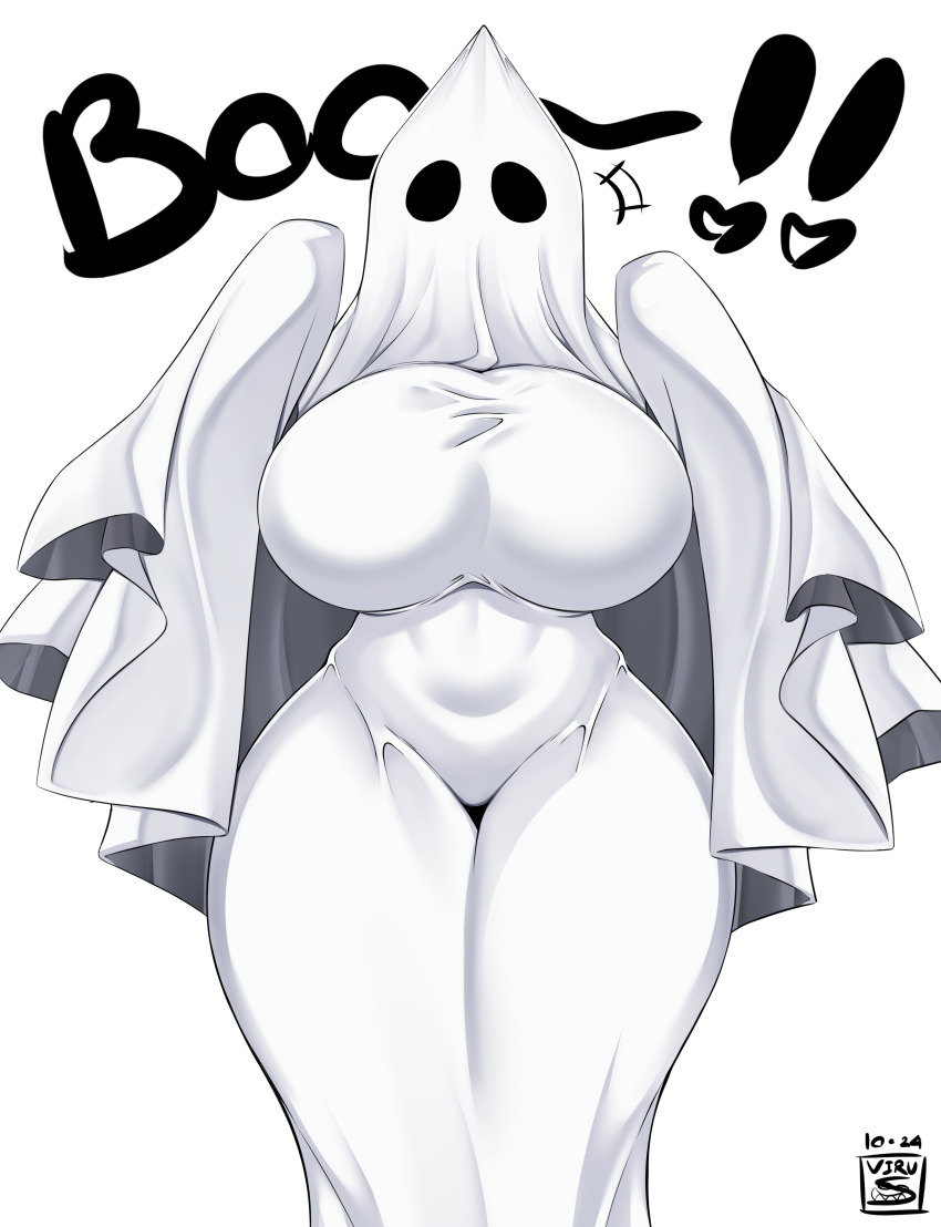 1girl absurdres alternate_costume breasts commentary english_commentary ghost_costume halloween_costume highres horns huge_breasts monster_girl monster_musume_no_iru_nichijou ogre sheet_ghost single_horn solo tionishia virusotaku white_background