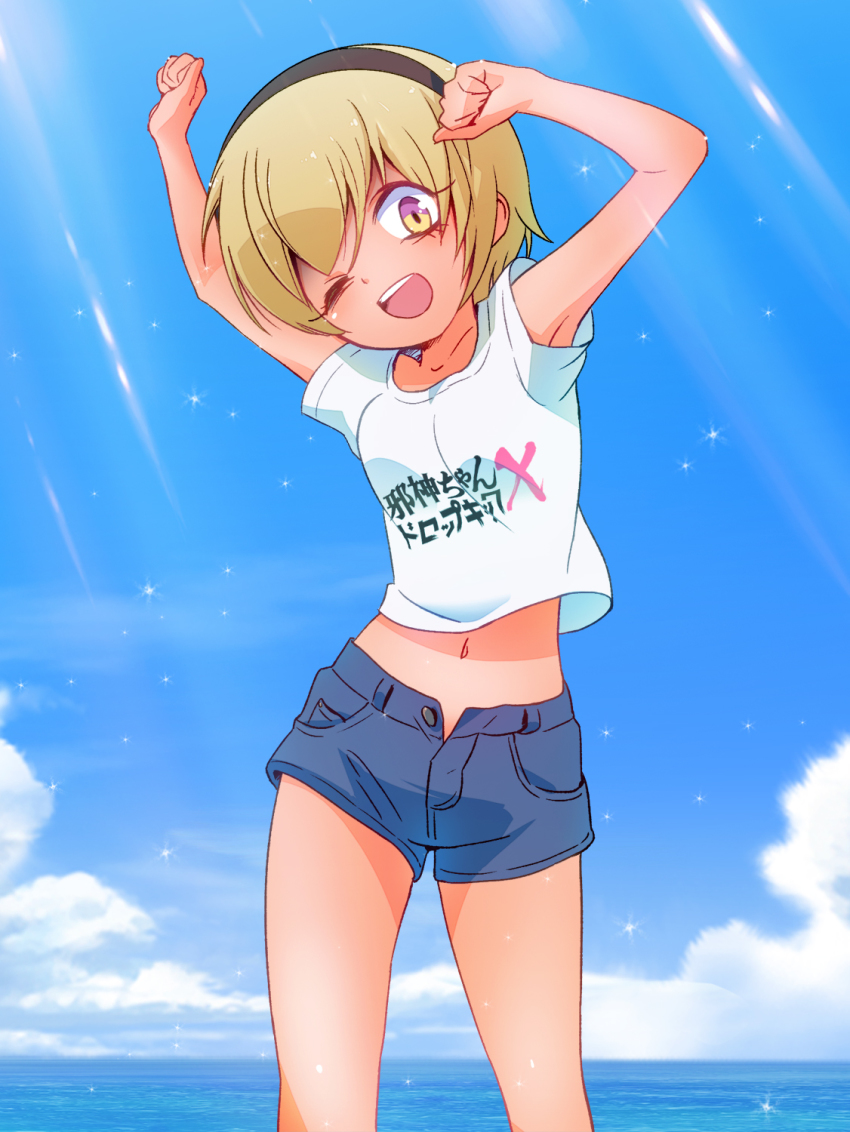 1girl armpits blonde_hair blue_shorts blush collarbone hairband happy highres jashin-chan_dropkick looking_at_viewer midriff navel ocean one_eye_closed open_mouth orange_eyes outdoors pekora_(jashin-chan_dropkick) sat-c shirt short_hair short_shorts shorts sky smile solo tan white_shirt