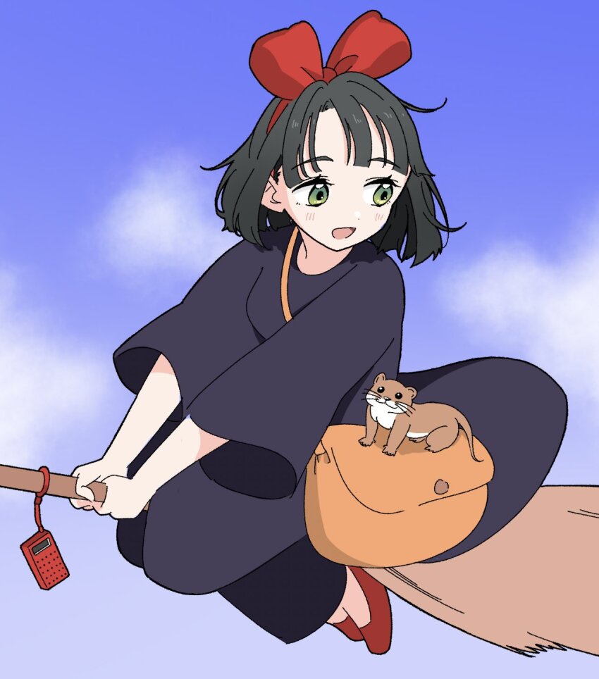 1girl :d bag black_dress black_hair blue_sky blunt_bangs blunt_ends blush bow bow_hairband broom broom_riding commentary_request cosplay dress full_body green_eyes hairband highres kiki_(majo_no_takkyuubin) kiki_(majo_no_takkyuubin)_(cosplay) link!_like!_love_live! llkapital long_dress love_live! majo_no_takkyuubin momose_ginko open_mouth otter red_bow red_footwear red_hairband shoes short_hair shoulder_bag sky sleeves_past_elbows smile solo split_mouth virtual_youtuber