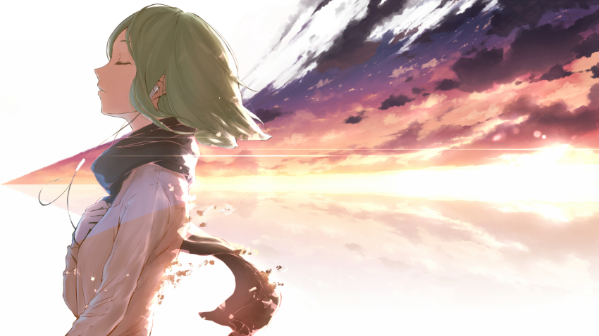 1girl cable closed_eyes cloud female_focus from_side green_hair gumi hand_on_own_chest headphones highres jacket listening_to_music minamito parted_lips scarf short_hair sky solo sunlight vocaloid