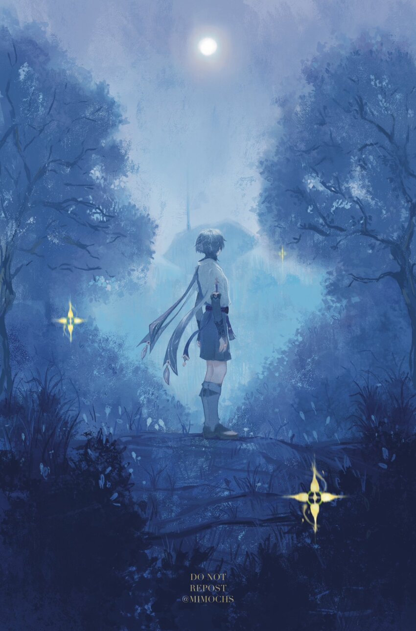 1boy english_text forest from_behind full_body genshin_impact highres japanese_clothes male_focus mimochs moon nature outdoors scaramouche_(genshin_impact) short_hair shorts solo star_(sky) stargazing tagme tree wanderer_(genshin_impact)