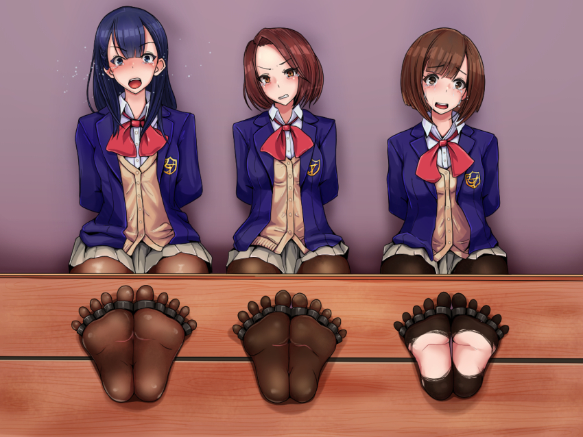 barefoot bound bound_legs cuffs feet miru_tights pantyhose pillory restrained school_uniform shackles soles