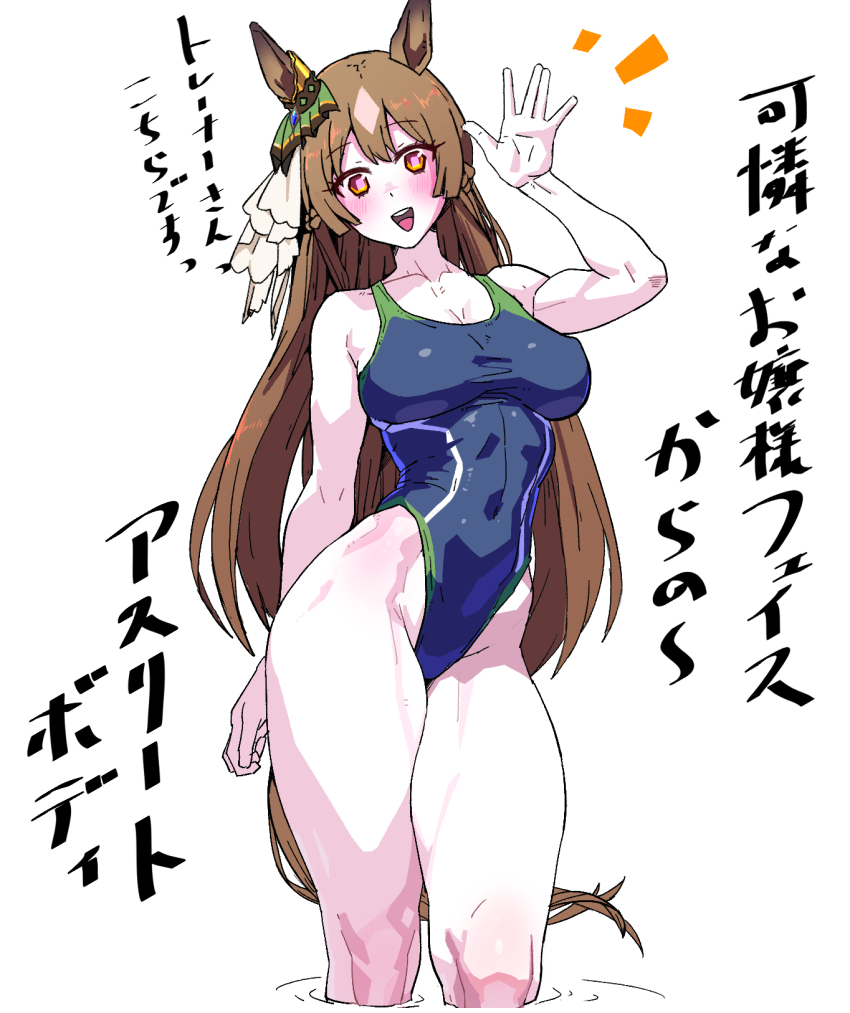 1girl abs alternate_costume animal_ears bare_shoulders blue_one-piece_swimsuit blush breasts brown_hair cleavage commentary_request ear_ornament feet_out_of_frame groin hair_between_eyes highleg highleg_one-piece_swimsuit highres horse_ears horse_girl horse_tail large_breasts long_hair multicolored_hair muscular muscular_female one-piece_swimsuit quads satono_diamond_(umamusume) simple_background smile solo streaked_hair swimsuit tail thighs translation_request umamusume very_long_hair wading wavy_hair white_background white_hair yaki_apple yellow_eyes