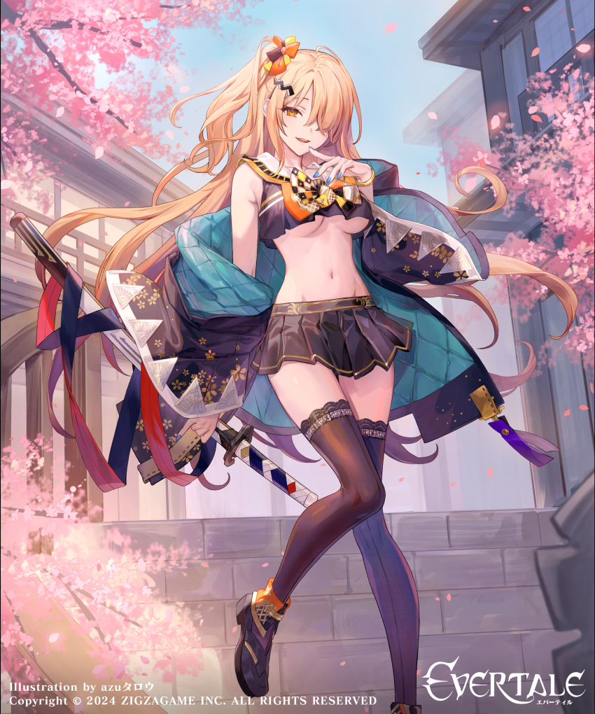 1girl absurdres azu-taro bare_shoulders black_footwear black_jacket black_shirt black_skirt blonde_hair bow bowtie breasts brown_thighhighs crop_top crop_top_overhang down_jacket evertale hair_over_one_eye hand_up highres holding holding_sword holding_weapon jacket japanese_clothes katana long_hair looking_at_viewer medium_breasts midriff miniskirt nail_polish navel off_shoulder official_art okita_souji_(evertale) one_side_up open_mouth pleated_skirt sailor_collar school_uniform serafuku shirt shoes skirt sleeveless sleeveless_shirt smile solo stomach sword thighhighs thighs underboob very_long_hair weapon white_sailor_collar wide_sleeves yellow_eyes zettai_ryouiki