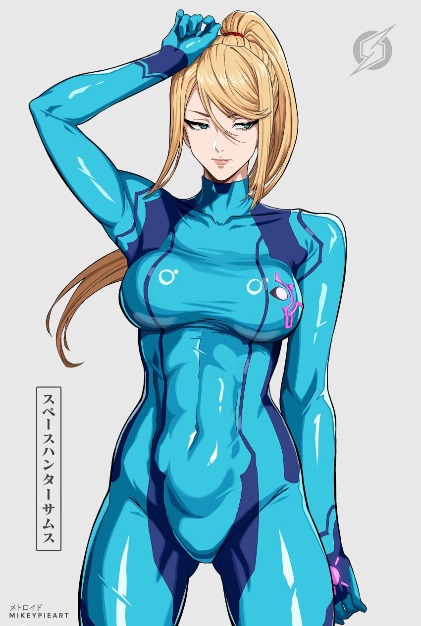 1girl absurdres arm_up artist_name blonde_hair blue_bodysuit blue_eyes bodysuit breasts covered_navel highres large_breasts lips metroid mikey_pie mole mole_under_mouth nintendo ponytail samus_aran skin_tight solo toned_female white_background zero_suit