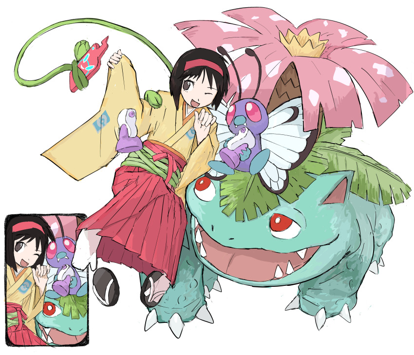 1girl absurdres bottle butterfree commentary_request creatures_(company) erika_(pokemon) furisode_sleeves game_freak gen_1_pokemon gen_4_pokemon hairband hakama hakama_skirt highres japanese_clothes keina_(ke1na_h) kimono nintendo pokemon pokemon_(creature) pokemon_frlg potion_(pokemon) red_hairband red_hakama rotom rotom_phone sandals selfie simple_background skirt socks spray_bottle tabi taking_picture venusaur white_background white_socks yellow_kimono zouri