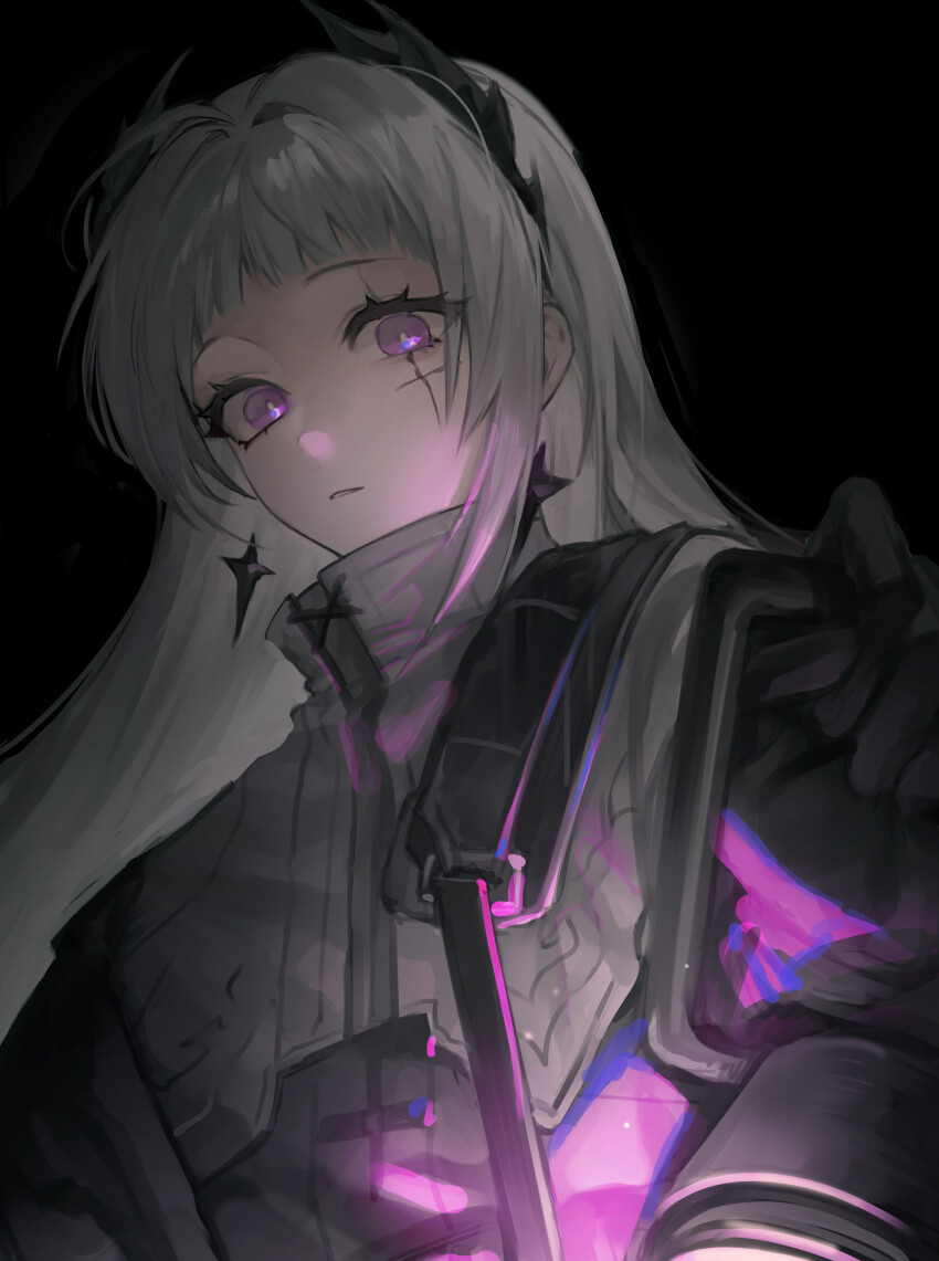 1girl absurdres arknights black_background black_gloves commentary earrings gloves grey_hair highres holding holding_lantern irene_(arknights) jewelry lantern long_hair looking_at_viewer purple_eyes rihi_(leehwa_owo) scar scar_across_eye sidelocks solo