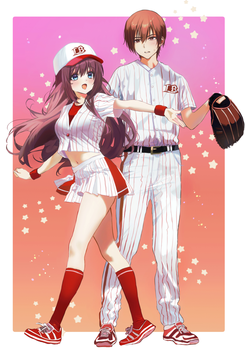 1boy 1girl :d a-chan_(little_busters!) absurdres alternate_costume baseball_cap baseball_glove baseball_uniform belt black_belt blue_eyes blush border brown_hair commentary floating_hair frown full_body gradient_background happy hat highres kneehighs kud_wafter little_busters! long_hair midriff miiizuno_lbs miniskirt natsume_kyousuke navel open_mouth pants pleated_skirt red_eyes red_socks red_wrist_cuffs shirt short_hair short_sleeves simple_background skirt smile socks sportswear standing star_(symbol) sweatdrop white_border white_pants white_shirt white_skirt wrist_cuffs