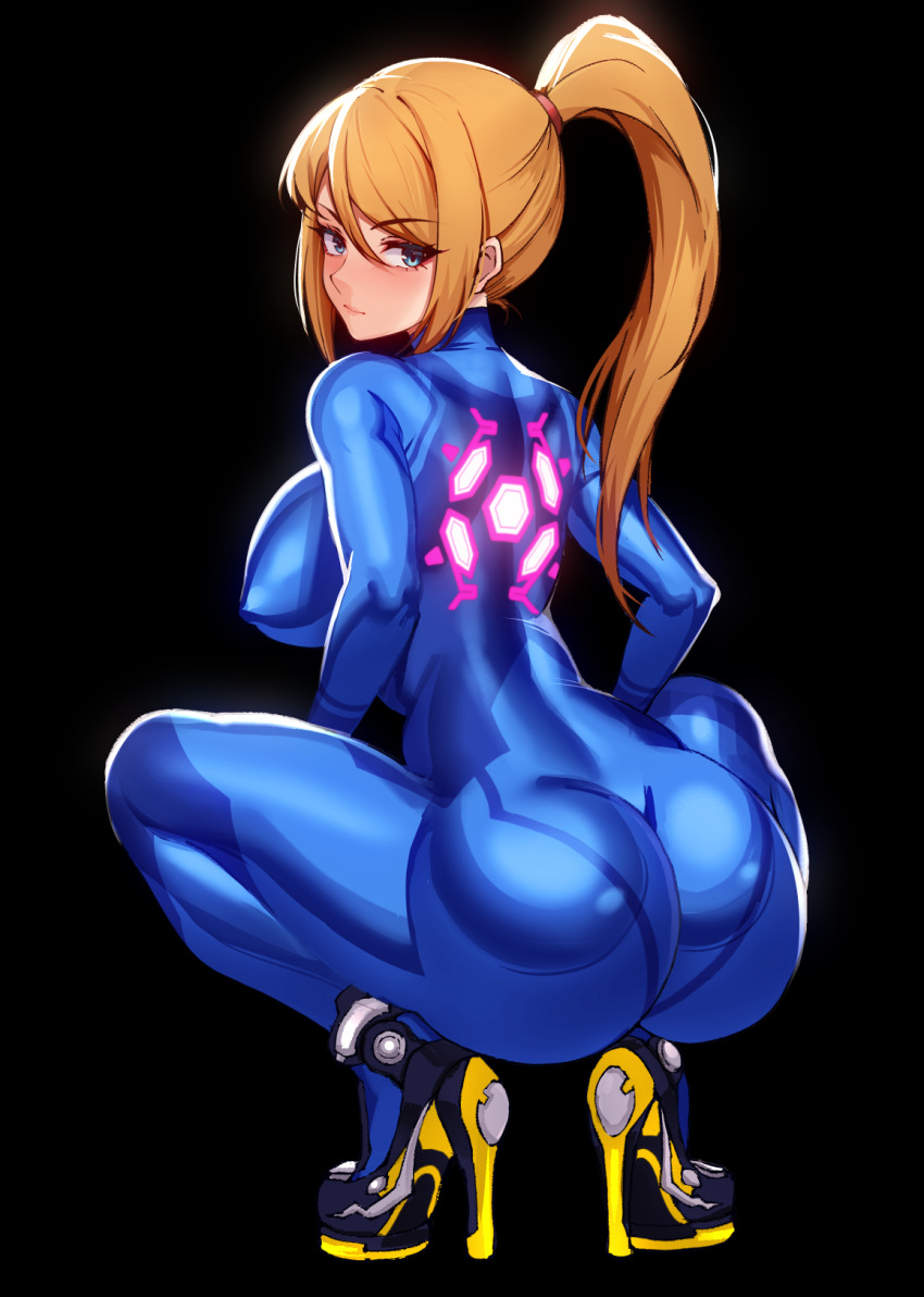 1girl ass back black_background blue_bodysuit blue_eyes bodysuit breasts from_behind full_body high_heels high_ponytail highres large_breasts looking_at_viewer looking_back metroid nintendo ponytail samus_aran simple_background skin_tight solo squatting thighs volyz zero_suit