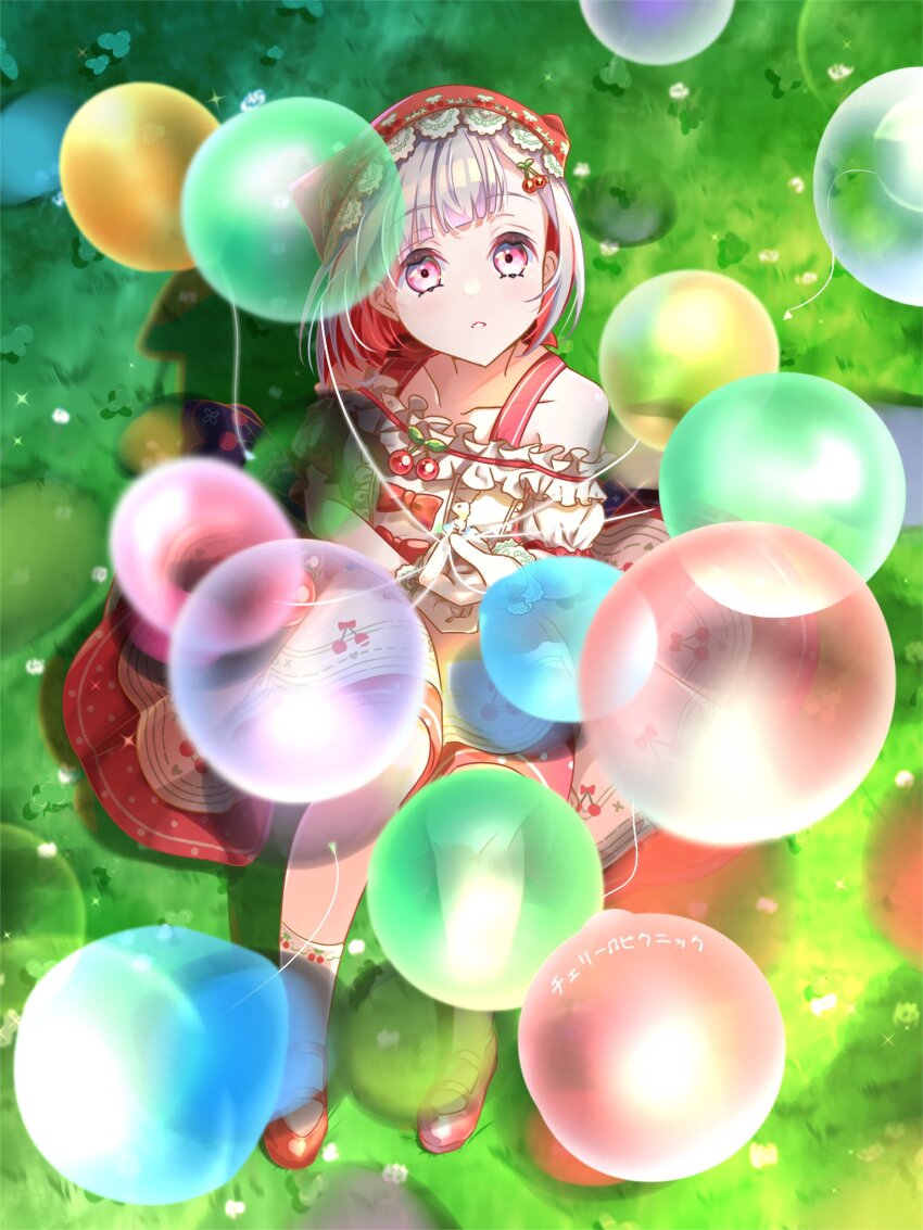 1girl balloon bob_cut bonnet bow cherry_hair_ornament cherry_picnic_(love_live!) collarbone colored_inner_hair commentary_request diagonal_bangs food-themed_hair_ornament frilled_shirt frills from_above full_body grass grey_hair hair_ornament highres holding holding_balloon inverted_bob link!_like!_love_live! looking_up love_live! mary_janes medium_skirt multicolored_hair off-shoulder_shirt off_shoulder official_alternate_costume on_grass on_ground outdoors parted_lips pink_eyes puffy_short_sleeves puffy_sleeves red_bonnet red_bow red_hair red_shoes red_skirt sakari_(pear_8_ll) shirt shoes short_hair short_sleeves sitting skirt socks solo streaked_hair virtual_youtuber white_shirt white_socks yugiri_tsuzuri