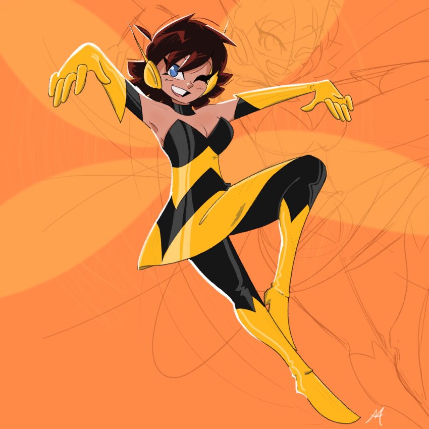 1girl avengers_(series) blue_eyes breasts brown_hair cleavage elbow_gloves gloves grin highres insect_wings janet_van_dyne looking_at_viewer marvel moccimu one_eye_closed short_hair sketch smile superhero_costume teeth the_avengers:_earth&#039;s_mightiest_heroes! two-tone_bodysuit wasp_(marvel) wings yellow_gloves