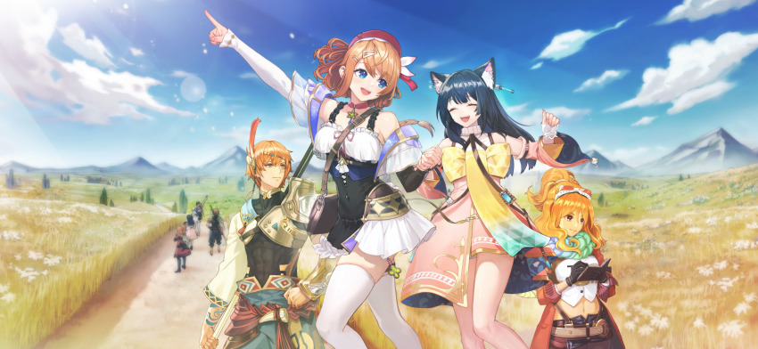 1boy 3girls :d abs absurdres animal_ear_fluff animal_ears armor atelier_(series) atelier_resleriana atelier_shallie black_dress black_hair black_shirt blue_eyes blue_scarf blue_sky braid cat_ears cat_girl choker cloud day detached_sleeves dress earrings feather_hair_ornament feathers game_cg hair_between_eyes hair_ornament hairclip hat high_ponytail highres holding holding_notebook holding_pen izana_kokoschka jacket jewelry jurie_crotze kortes_(atelier) long_hair long_sleeves looking_at_another midriff multiple_girls multiple_views non-web_source notebook official_art open_mouth orange_hair outdoors pen pink_choker pink_dress red_jacket resna_sternenlicht road scarf shirt short_hair sky smile standing white_shirt writing