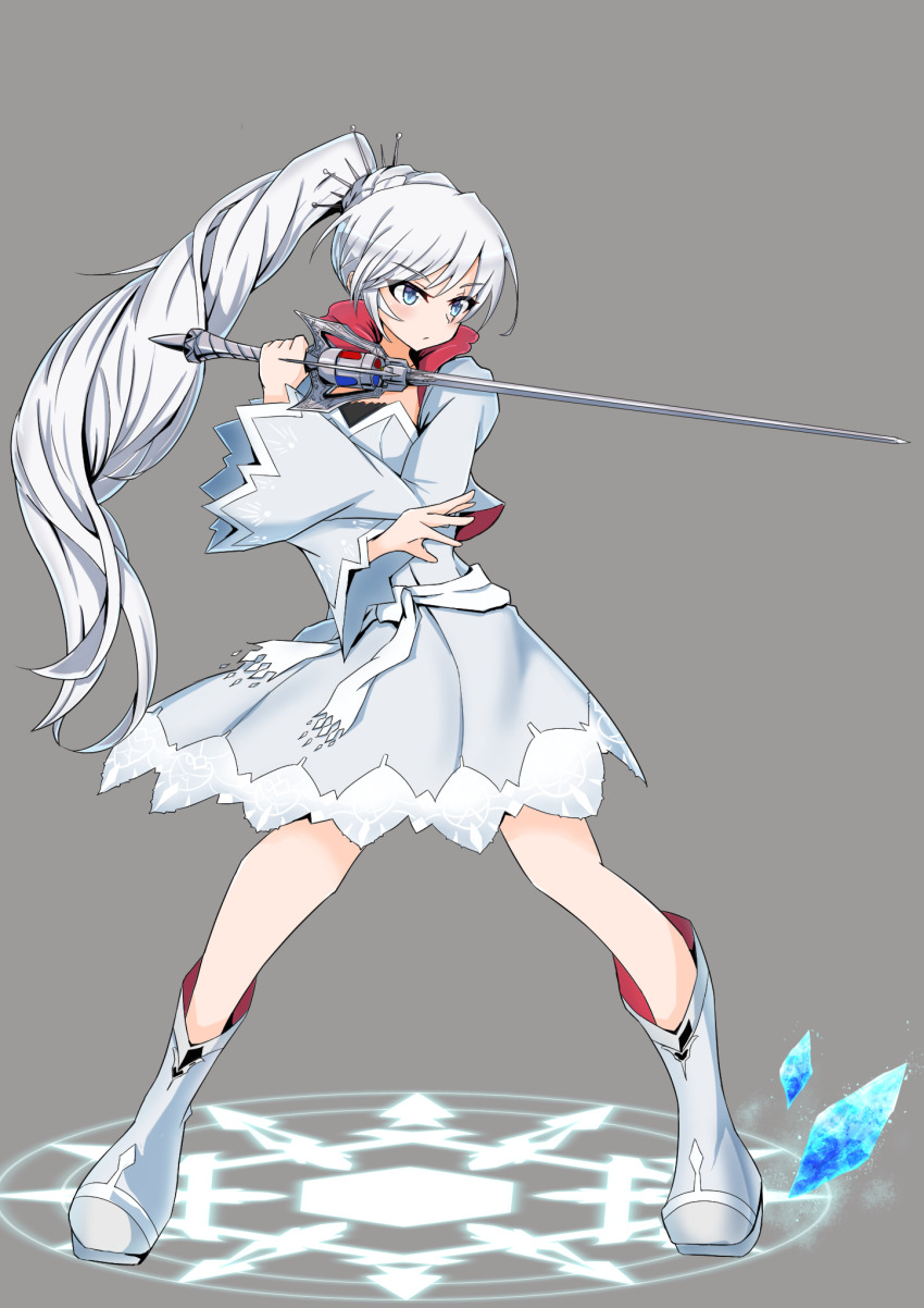 1girl bakuma blue_eyes boots closed_mouth crossed_arms dress fighting_stance full_body grey_background hair_ornament high_side_ponytail highres holding holding_sword holding_weapon legs_apart long_hair looking_ahead myrtenaster rwby scar scar_across_eye scar_on_face simple_background snowflakes solo sword very_long_hair weapon weiss_schnee white_dress white_hair