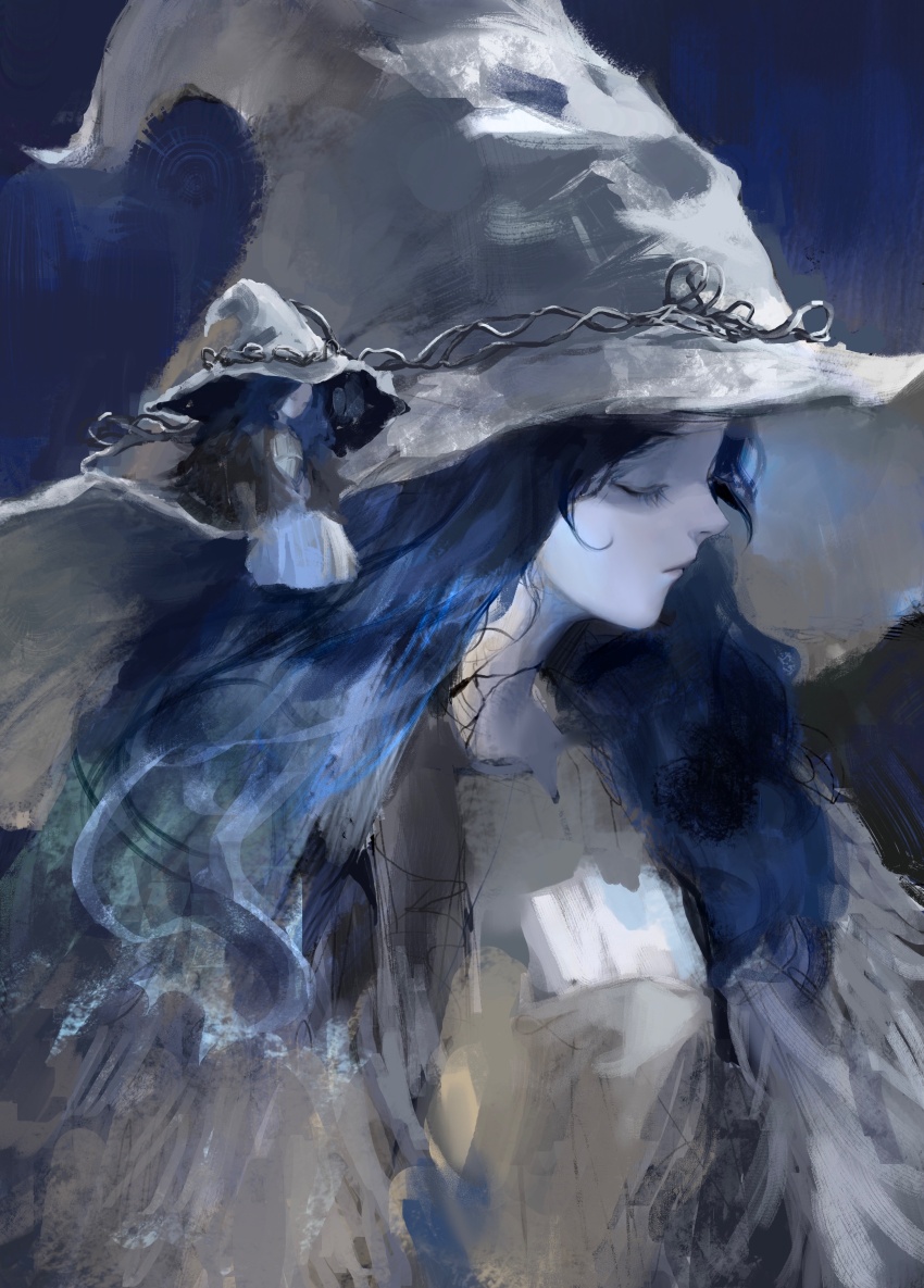 1girl absurdres blue_hair blue_skin cloak closed_eyes colored_skin commentary cracked_skin elden_ring english_commentary from_side fur_cloak hat highres large_hat lmilkyskin long_hair mini_person miniature_ranni minigirl ranni_the_witch sitting solo witch witch_hat