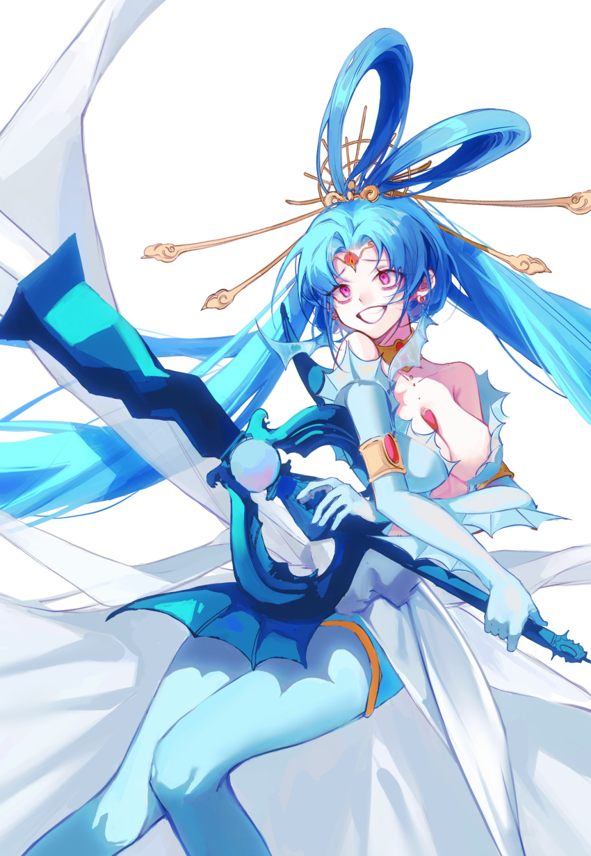 1girl absurdres armlet blue_bodysuit blue_hair bodysuit breasts center_opening choker cleavage crazy_eyes crazy_grin crazy_smile djinn_equip earrings fins forehead_jewel hair_ornament hair_rings hair_stick highres holding holding_sword holding_weapon jewelry long_hair magi_the_labyrinth_of_magic medium_breasts navel pink_eyes ren_kougyoku sasori944 simple_background smile solo sword third_eye very_long_hair weapon white_background