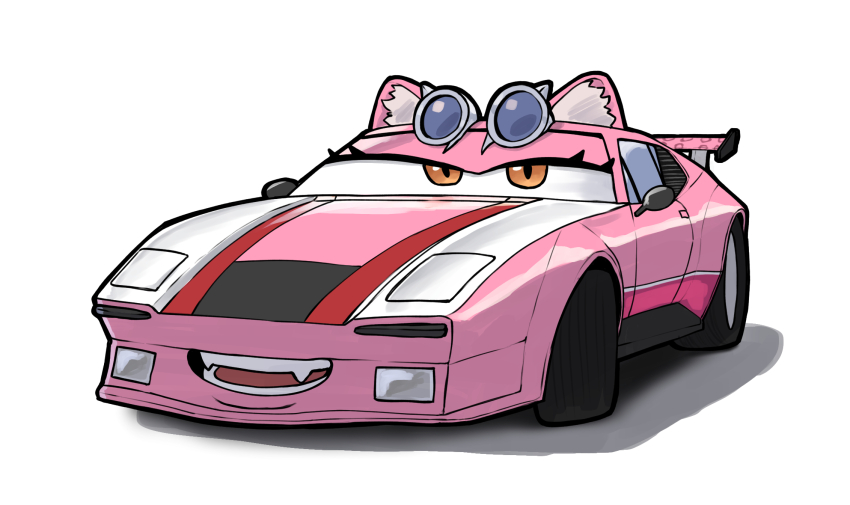 animal_ears car cars_(movie) commentary de_tomaso_pantera english_commentary fangs goggles goggles_on_head highres hololive hololive_english looking_at_viewer motor_vehicle name_connection no_humans orange_eyes oruruca86 panther_ears pink_theme raora_panthera simple_background vehicalization vehicle_focus virtual_youtuber white_background