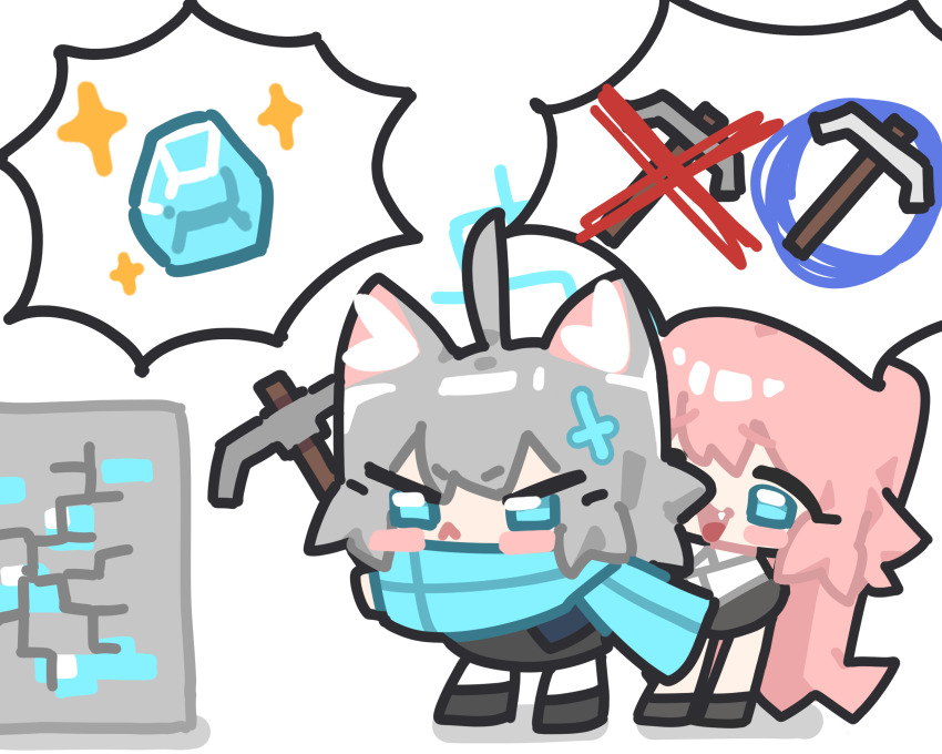 2girls :d ahoge animal_ear_fluff animal_ears aqua_scarf black_footwear black_skirt blue_archive blue_eyes blue_halo blush_stickers chibi chibi_only closed_mouth cross cross_hair_ornament crossed_out diamond_(minecraft) fang frown grey_hair hair_ornament halo highres holding holding_pickaxe hoshino_(blue_archive) inverted_cross ishikoro24 long_hair medium_hair minecraft multiple_girls open_mouth pickaxe pink_hair scarf shiroko_(blue_archive) shirt shoes simple_background skirt smile sparkling_aura standing v-shaped_eyebrows very_long_hair white_background white_shirt wolf_ears wolf_girl x