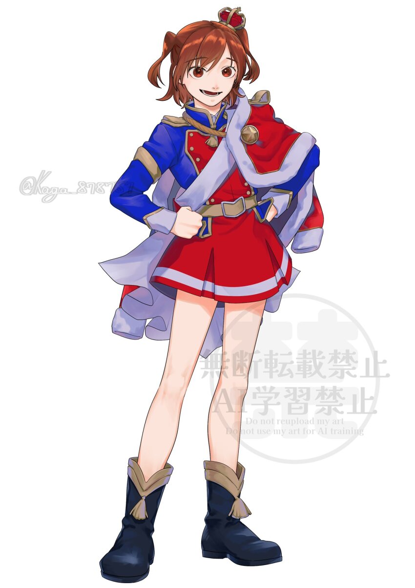 1girl aijou_karen belt belt_buckle black_footwear blue_jacket boots brown_belt brown_eyes brown_hair buckle commentary_request crown epaulettes full_body fur-trimmed_jacket fur_trim grey_sash hands_on_own_hips highres jacket jacket_on_shoulders kaga_(kaga_878787) long_sleeves looking_at_viewer lower_teeth_only mini_crown miniskirt parted_lips red_jacket red_skirt sash short_hair shoujo_kageki_revue_starlight shoulder_sash simple_background single_stripe skirt smile solo standing striped_clothes striped_skirt tassel teeth tilted_headwear twitter_username two_side_up waist_cape watermark white_background