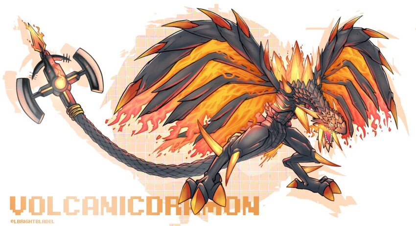 artist_name black_skin breath_weapon breathing_fire character_name colored_skin commission digimon digimon_(creature) dragon fiery_tail fiery_wings fire full_body lbrightbladel shadow sharp_teeth solo tail teeth twitter_username volcanicdramon white_background wings