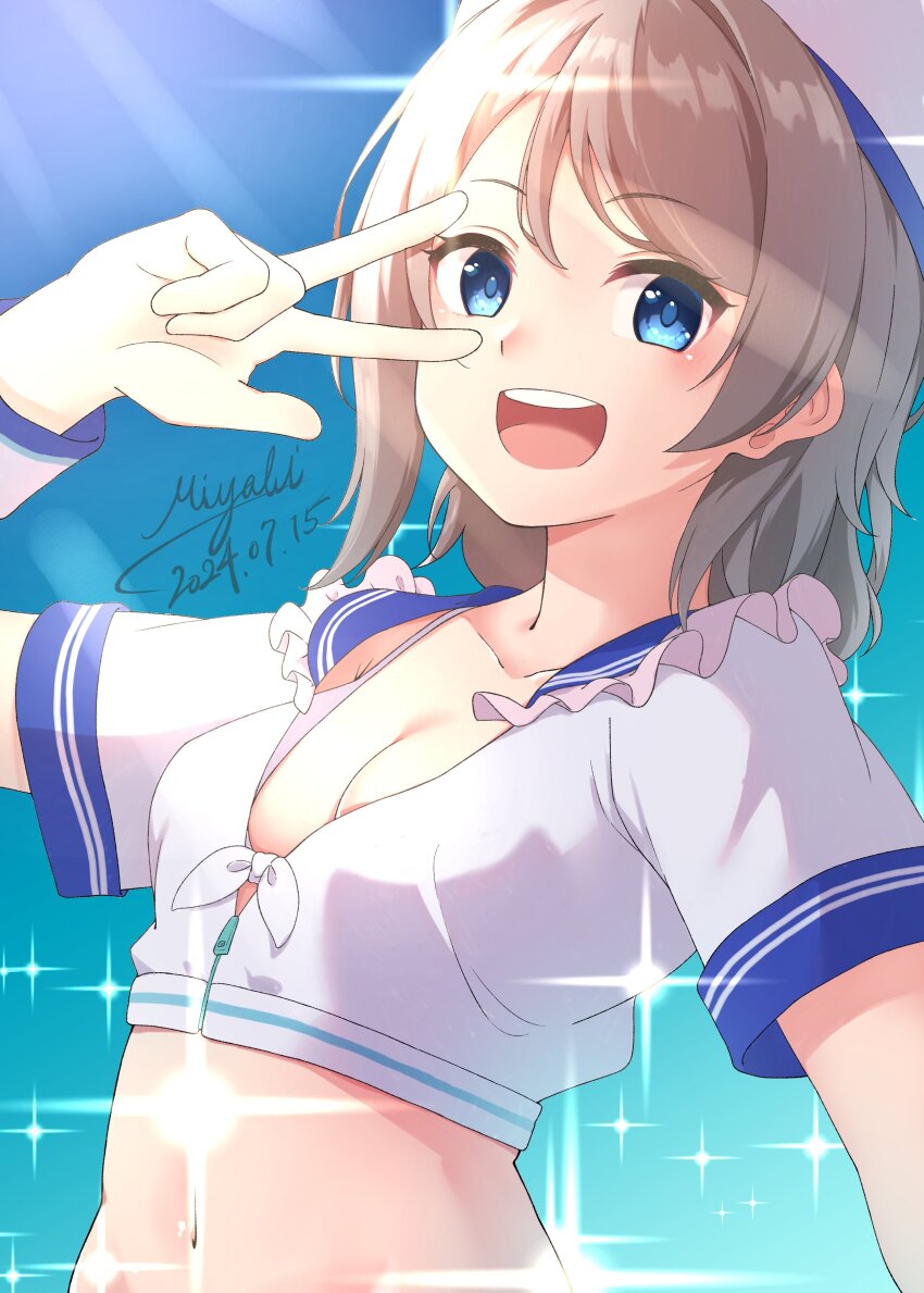 1girl absurdres bikini blue_eyes blush breasts brown_hair cleavage haruna_miyabi highres love_live! love_live!_sunshine!! navel open_clothes open_mouth short_hair simple_background smile solo stomach swimsuit watanabe_you