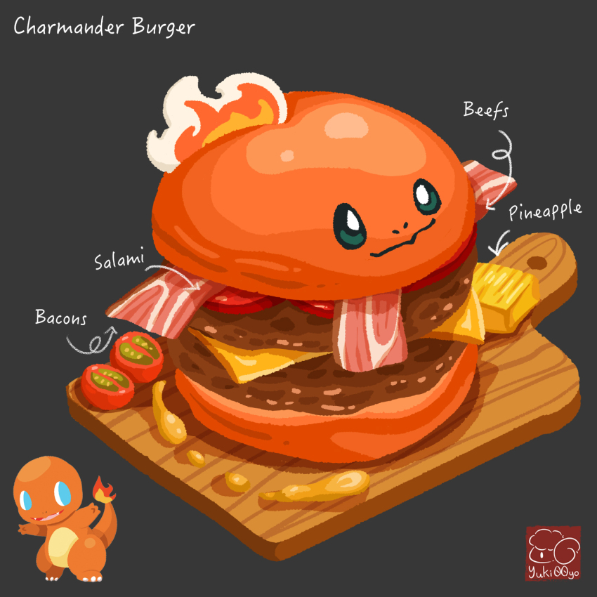 artist_logo artist_name bacon bread burger character-themed_food character_name charmander cheese cherry_tomato creatures_(company) food food_focus food_name fruit game_freak gen_1_pokemon grey_background highres meat nintendo no_humans pineapple pineapple_slice pokemon salami simple_background tomato yuki00yo