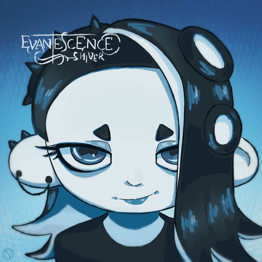 1girl album_cover album_cover_redraw album_name blue_background blue_eyes cover derivative_work ear_piercing evanescence hair_over_one_eye monochrome nintendo notgrease octoling piercing portrait shiver_(splatoon) smile smirk solo splatoon_(series) splatoon_3 tentacle_hair