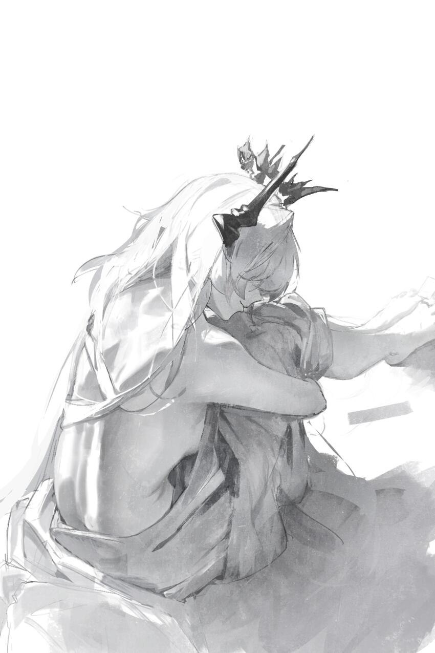 1girl absurdres arknights bare_back bare_shoulders blanket breasts civilight_eterna commentary covering_with_blanket crown english_commentary floating_crown gandy_(gan3e46) greyscale highres holding holding_legs horns legs_together light_smile long_hair monochrome no_bra simple_background sitting solo theresa_(arknights) white_background