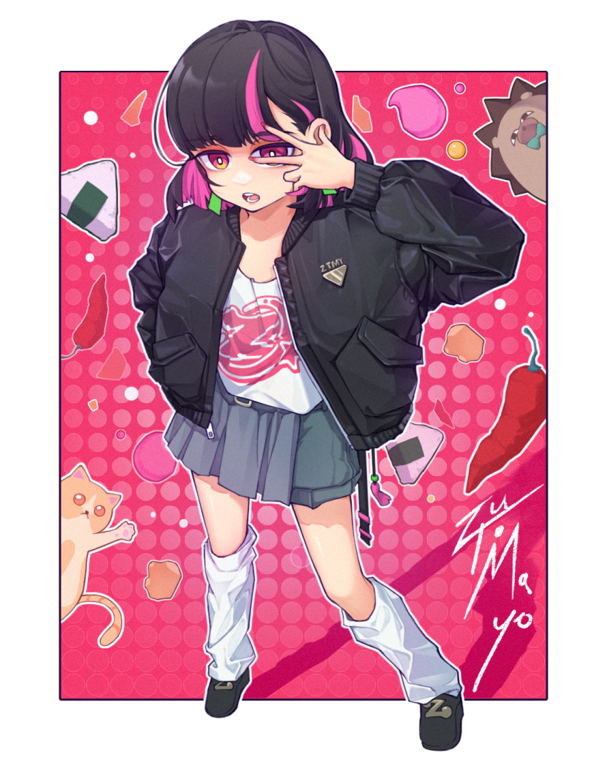 1girl alternate_costume bbyiren belt black_footwear black_hair black_jacket blue_skirt border cat colored_inner_hair earrings ginger_strings_(kaiba_seichoutsuu)_(zutomayo) ginger_strings_(zutomayo) hand_in_pocket highres jacket jewelry leg_warmers multicolored_hair nira-chan nira-chan_(obenkyou_shitoiteyo)_(zutomayo) obenkyou_shitoiteyo open_clothes open_jacket open_mouth pink_background pink_eyes pink_hair pleated_skirt shirt shoes skirt standing streaked_hair t-shirt uniguri_(zutomayo) w w_over_eye white_border white_leg_warmers white_shirt zutto_mayonaka_de_ii_no_ni