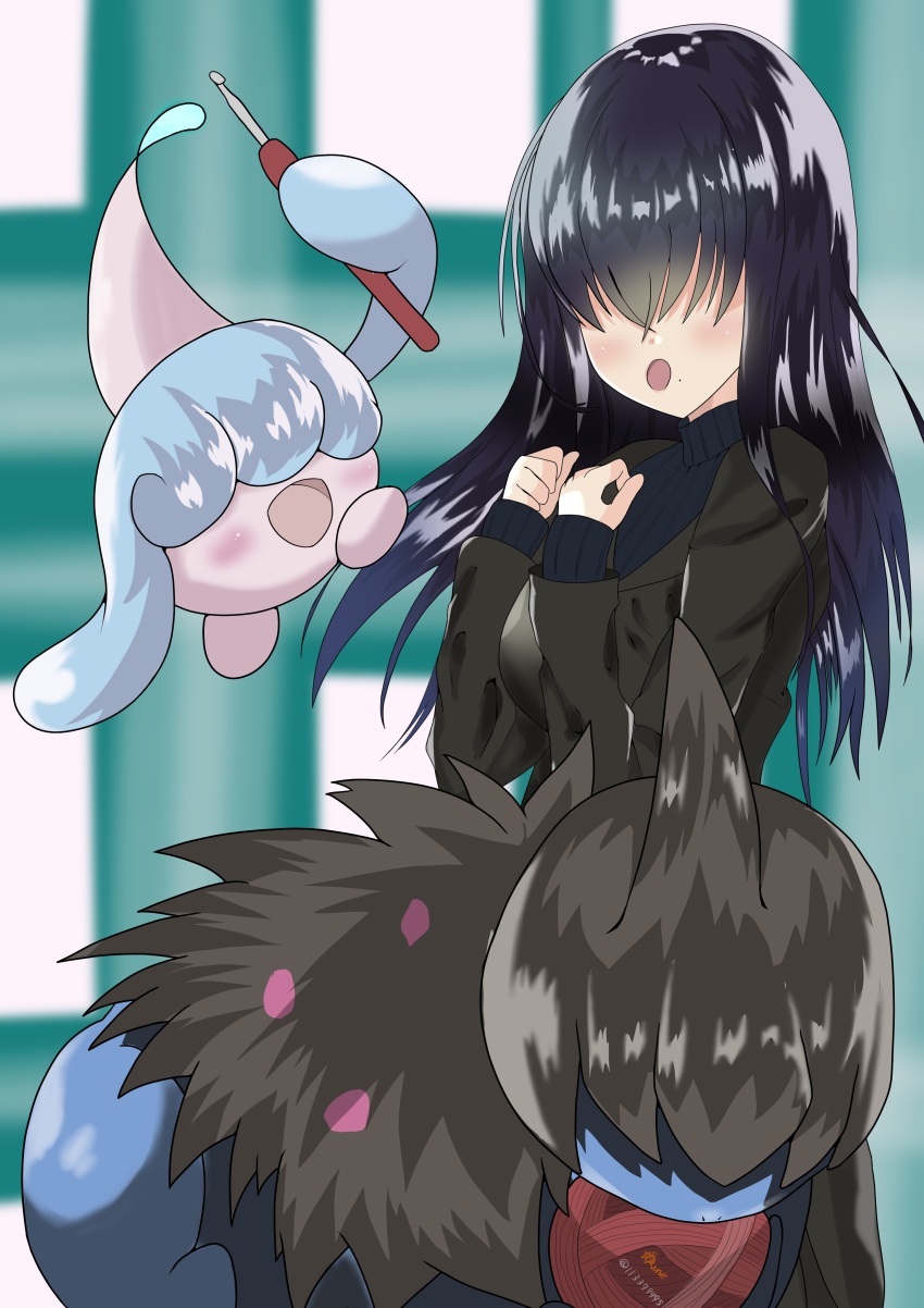 1girl absurdres artist_request black_hair blush creatures_(company) deino_(pokemon) game_freak gen_5_pokemon gen_8_pokemon hatenna highres kakure_meme kimi_no_koto_ga_dai_dai_dai_dai_daisuki_na_100-nin_no_kanojo long_hair nintendo pokemon