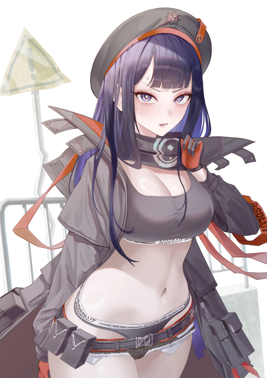 1girl absurdres alternate_breast_size belt beret black_jacket black_shorts breasts cleavage commentary cowboy_shot crop_top eunhwa_(nikke) goddess_of_victory:_nikke grey_panties hat highres jacket kimright0 long_hair medium_breasts micro_shorts navel panties purple_eyes purple_hair shorts solo stomach thighs underwear utility_belt white_background