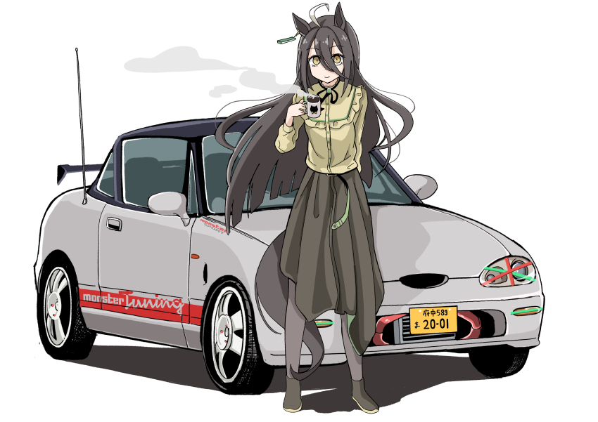 1girl absurdres ahoge animal_ears belt black_footwear black_hair black_pantyhose black_ribbon black_skirt cappuccino car casual coffee_mug commentary cup earrings full_body gokiburi_(hosan_dango) hair_between_eyes highres holding holding_cup horse_ears horse_girl horse_tail jewelry license_plate long_bangs long_hair long_sleeves looking_at_viewer manhattan_cafe_(umamusume) motor_vehicle mug multicolored_hair name_connection neck_ribbon pantyhose ribbon shirt simple_background single_earring skirt smile solo standing suzuki_(company) suzuki_cappuccino tail umamusume vehicle_focus white_background white_hair yellow_eyes yellow_shirt