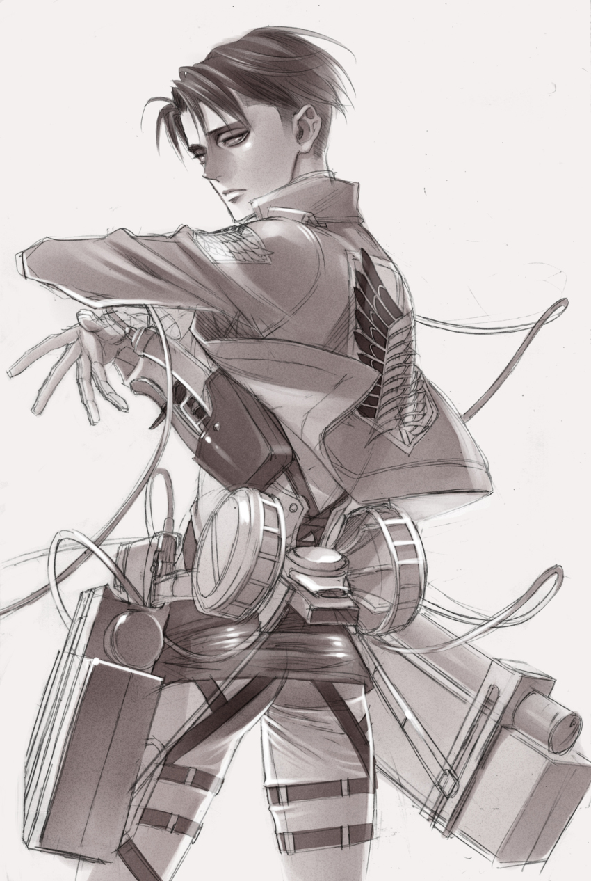 1boy from_behind highres jacket kujou_kiyo levi_(shingeki_no_kyojin) male_focus monochrome shingeki_no_kyojin solo thigh_strap three-dimensional_maneuver_gear wire