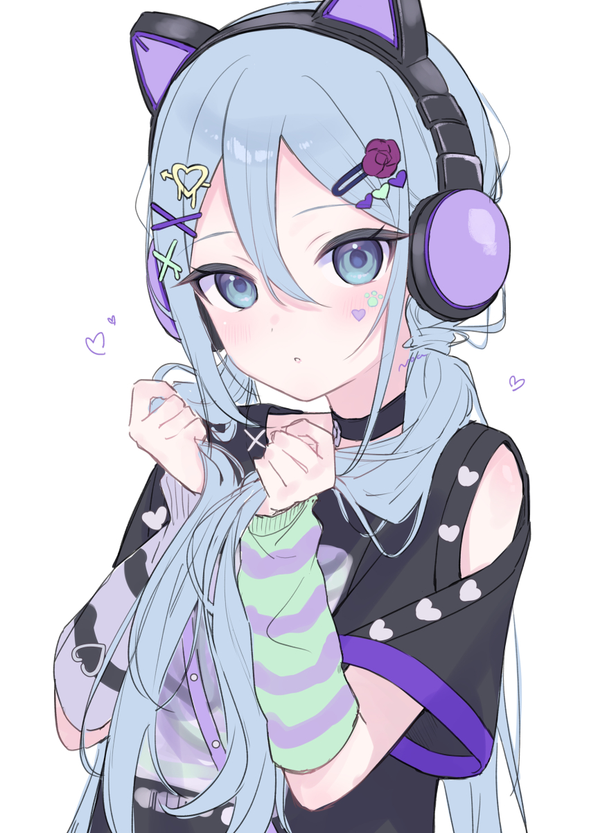 absurdres alternate_hairstyle animal_ear_headphones animal_ears black_choker blue_eyes blue_hair cat_ear_headphones choker clothing_cutout facial_hair fake_animal_ears flower_hairpin hair_between_eyes hair_ornament hairclip headphones heart heart_hair_ornament highres holding holding_own_hair light_blue_hair long_hair low_twintails mismatched_arm_warmers miteinano_(mitei_nano28) negai_wa_itsuka_asa_wo_koete_(project_sekai) official_alternate_costume project_sekai striped_clothes twintails very_long_hair white_background x_hair_ornament yami_kawaii yoisaki_kanade