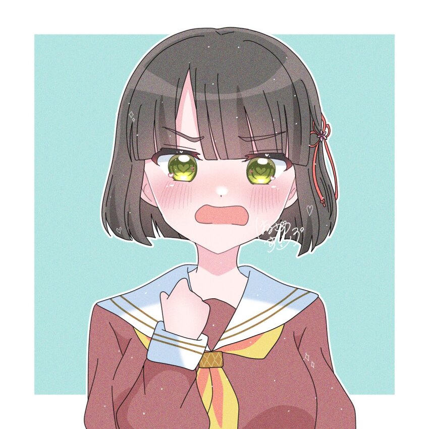 angry black_hair blue_background blunt_bangs blunt_ends blush bob_cut border breasts brown_dress clenched_hand commentary_request dress flower flower_knot green_eyes hair_flower hair_ornament harusame_soup_(har_s_k) hasu_no_sora_school_uniform highres light_particles link!_like!_love_live! long_sleeves looking_at_viewer love_live! medium_breasts momose_ginko neckerchief nose_blush open_mouth outline outside_border sailor_collar sailor_dress school_uniform short_hair signature simple_background virtual_youtuber white_border white_outline white_sailor_collar winter_uniform yellow_neckerchief