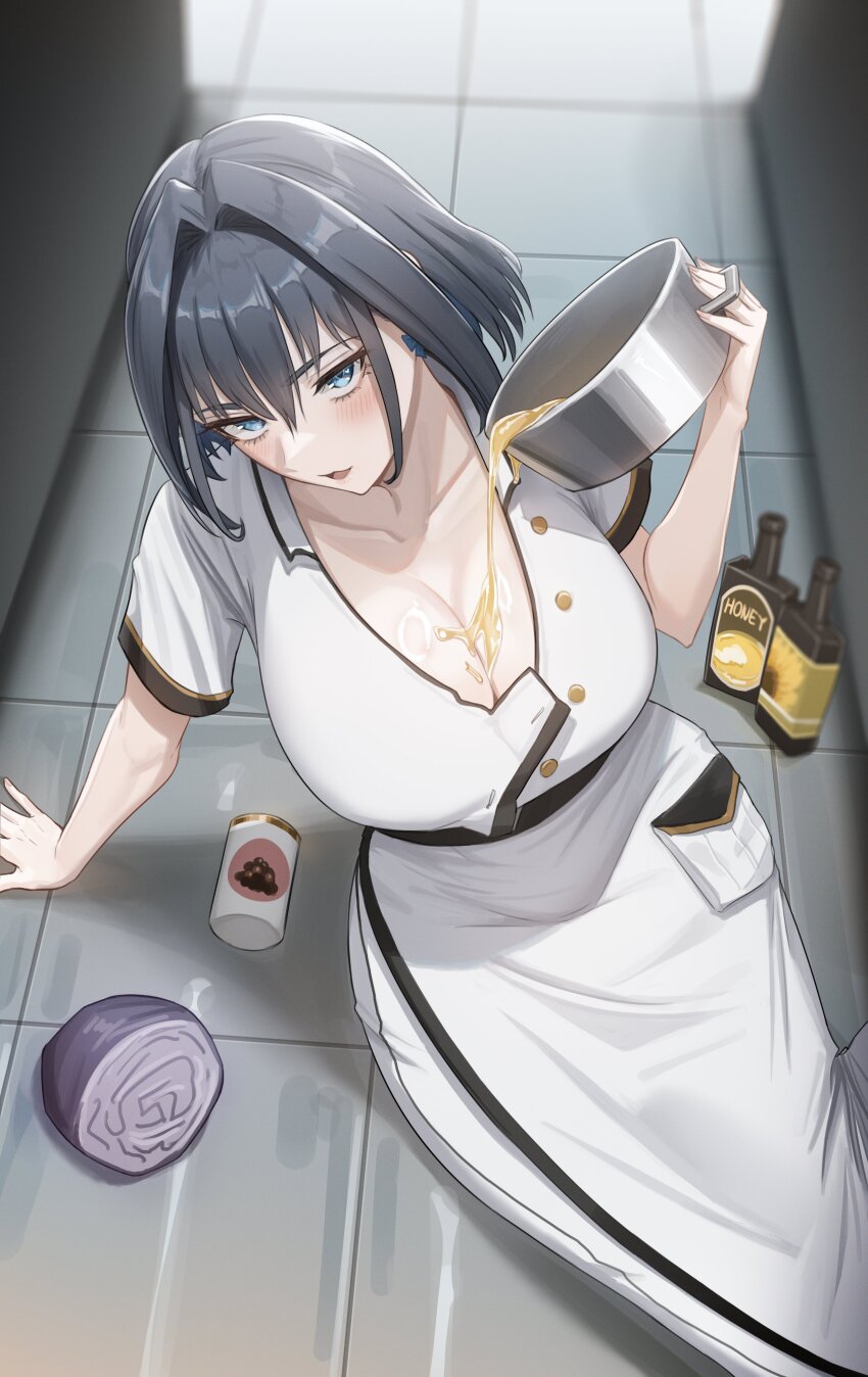 1girl absurdres black_hair blue_eyes blush bow bow_earrings breasts can cleavage collarbone cooking_pot dress earrings glass_bottle hair_intakes hand_on_floor hand_up highres holding holding_cooking_pot hololive hololive_english jewelry large_breasts on_floor open_mouth ouro_kronii pouring pouring_onto_self short_hair sidelocks simple_background solo tile_floor tiles virtual_youtuber white_dress zenya