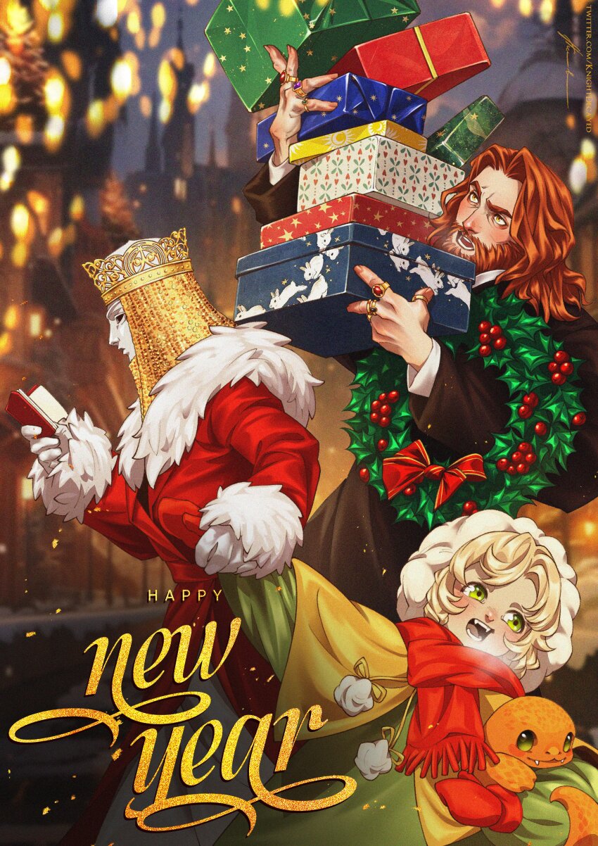 1boy 2girls absurdres blonde_hair book coat elden_ring father_and_daughter fur_trim gift gloves green_eyes helmet highres holding_hands knightdecayed lady_tanith_(elden_ring) lizard mask mother_and_daughter multiple_girls new_year outdoors praetor_rykard red_hair rya_(elden_ring) rykard_lord_of_blasphemy walking white_gloves