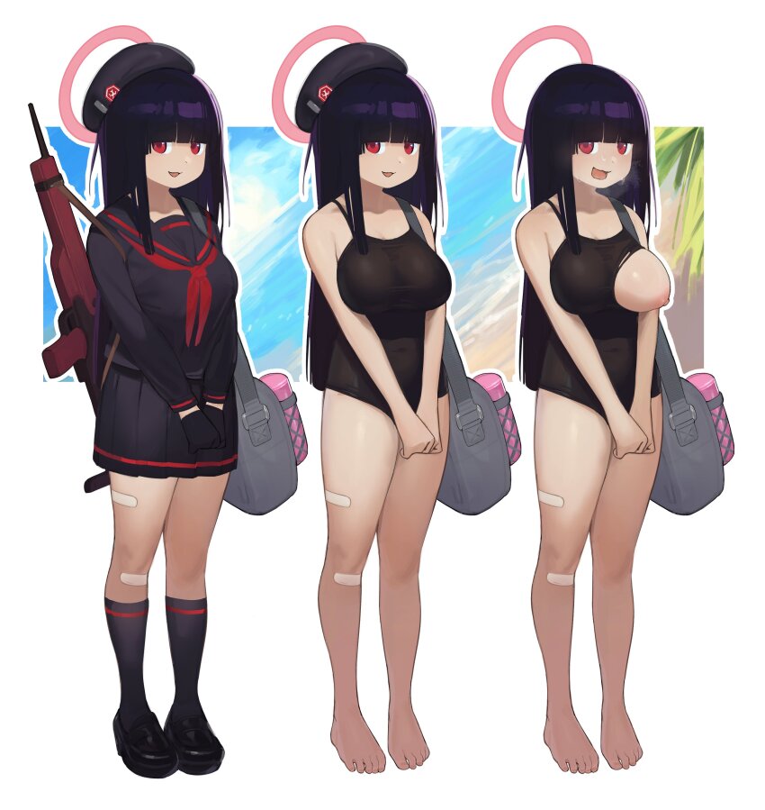 1girl absurdres assault_rifle bag bare_arms barefoot beret black_footwear black_gloves black_hair black_hat black_one-piece_swimsuit black_shirt black_skirt black_socks blue_archive blunt_bangs breasts em-2 gloves gun halo hat highres justice_task_force_member_(blue_archive) kneehighs large_breasts long_hair long_sleeves looking_at_viewer multiple_views neckerchief nipples one-piece_swimsuit one_breast_out open_mouth pink_halo pleated_skirt red_eyes red_neckerchief rifle shirt shoes shoulder_bag skirt smile snorkel14 socks standing swimsuit weapon